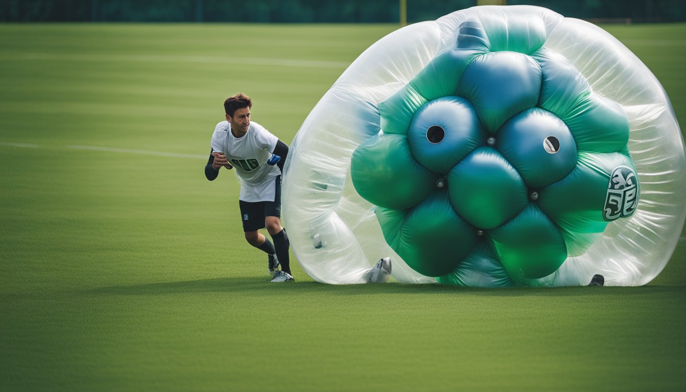 A person inflates a bubble football suit with an air pump on a grass field