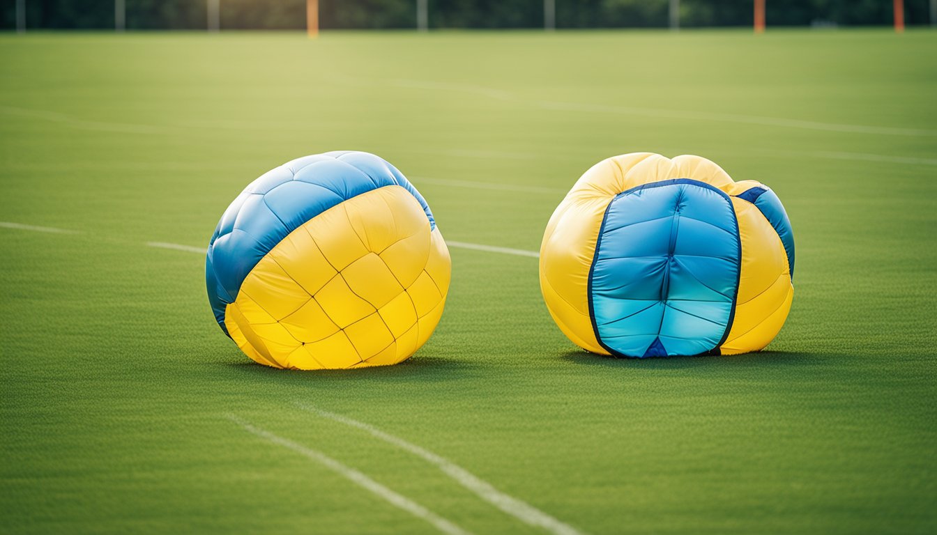 Two bubble football suits being inflated and deflated on a grassy field