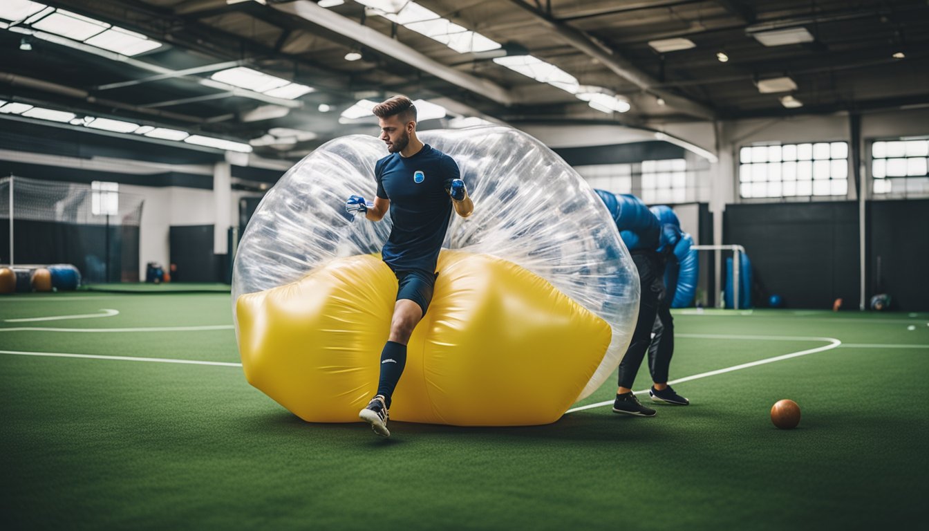 A person inflating a bubble football suit with an air pump in a spacious indoor area with bright lighting