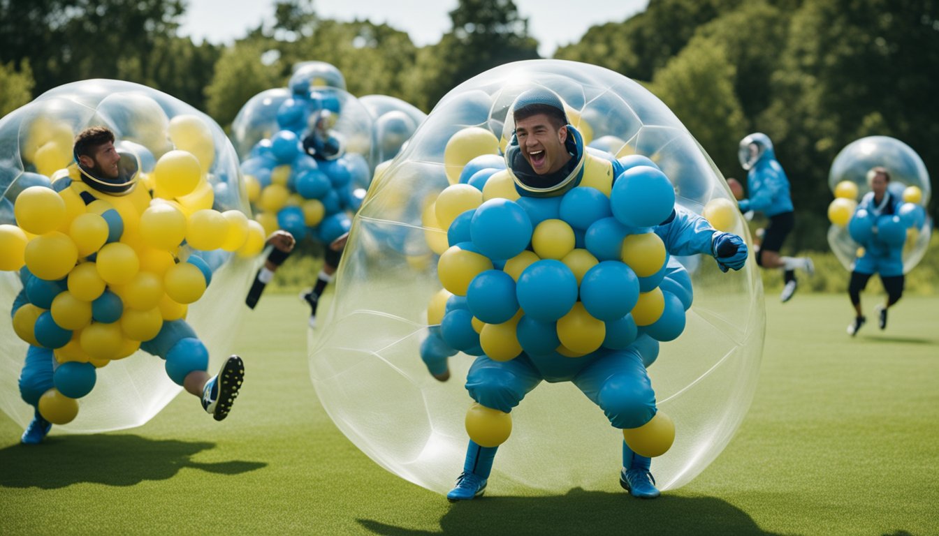 Players in bubble suits collide and bounce on a grassy field, laughing and falling over as they try to maneuver the ball