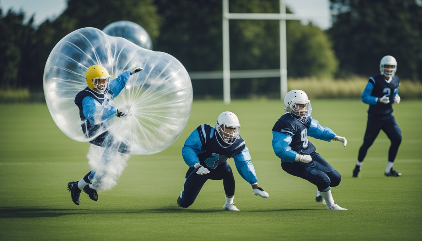 Players in bubble suits collide on a grass field, bouncing and rolling as they attempt to kick the ball. Laughter and cheers fill the air