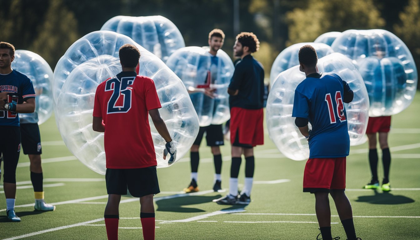 A group of first-time bubble football players receive safety tips and strategies before stepping onto the field for their inaugural game