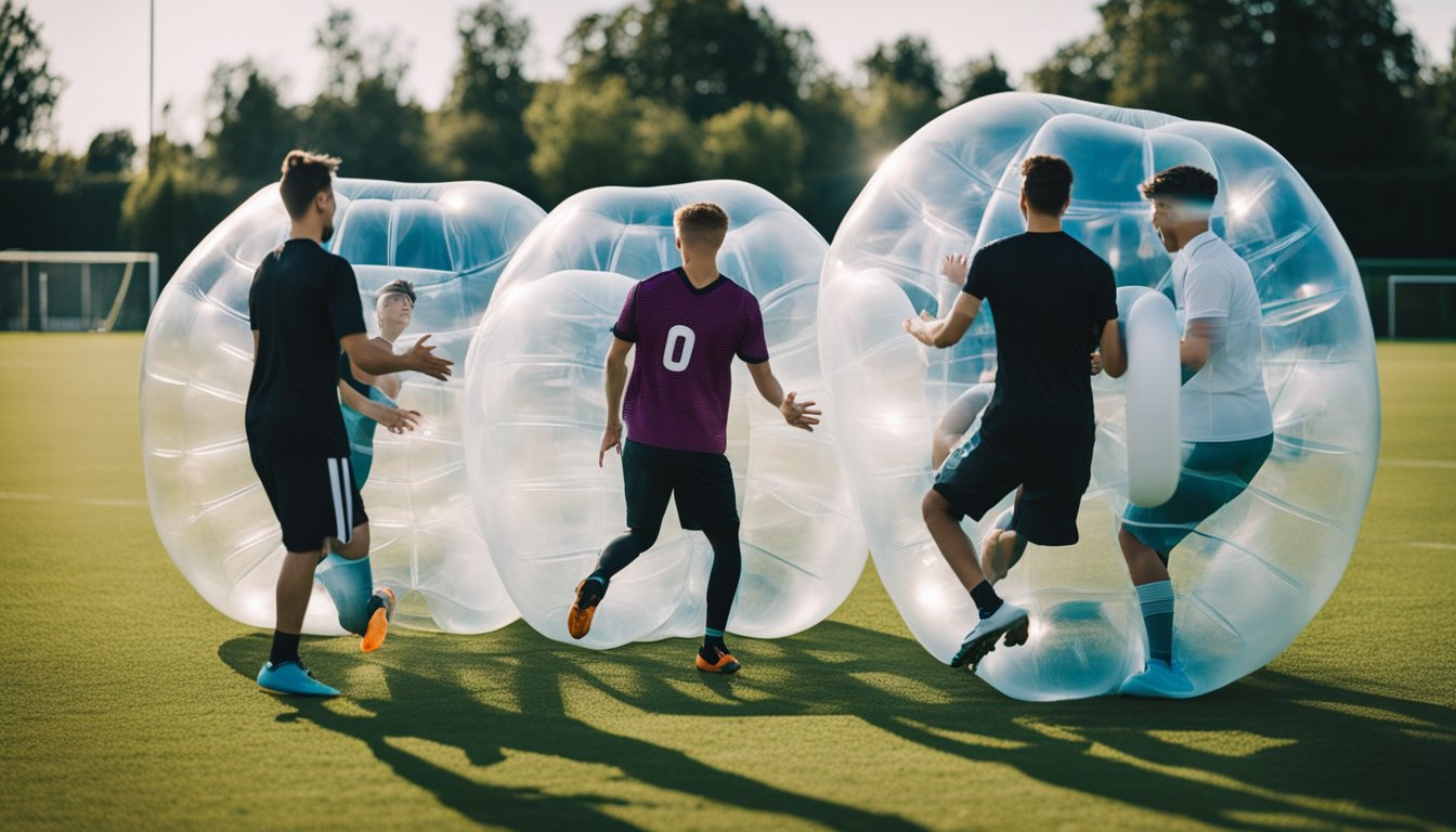 A group of beginners play bubble football, asking questions and receiving tips from an instructor. The players wear inflatable bubbles around their bodies as they navigate the field