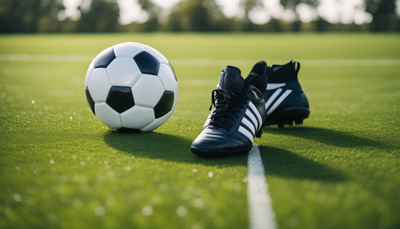 A pair of bubble football shoes on a grass field, with a soccer ball nearby