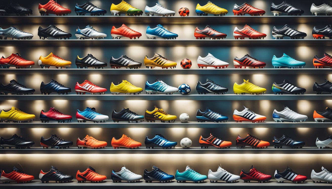 A variety of football boots arranged on a shelf, with colorful designs and different styles, surrounded by bubbles