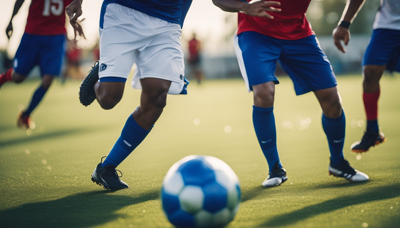 Players wearing bubble football shoes, safely colliding in an etiquette-driven game