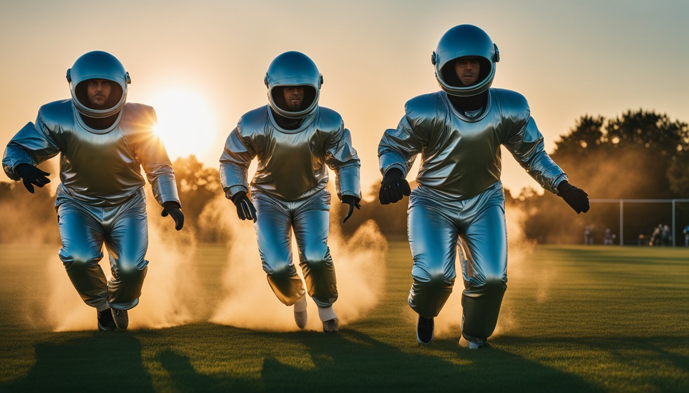 A group of players in bubble suits collide and bounce around on a grassy field, with the sun setting in the background