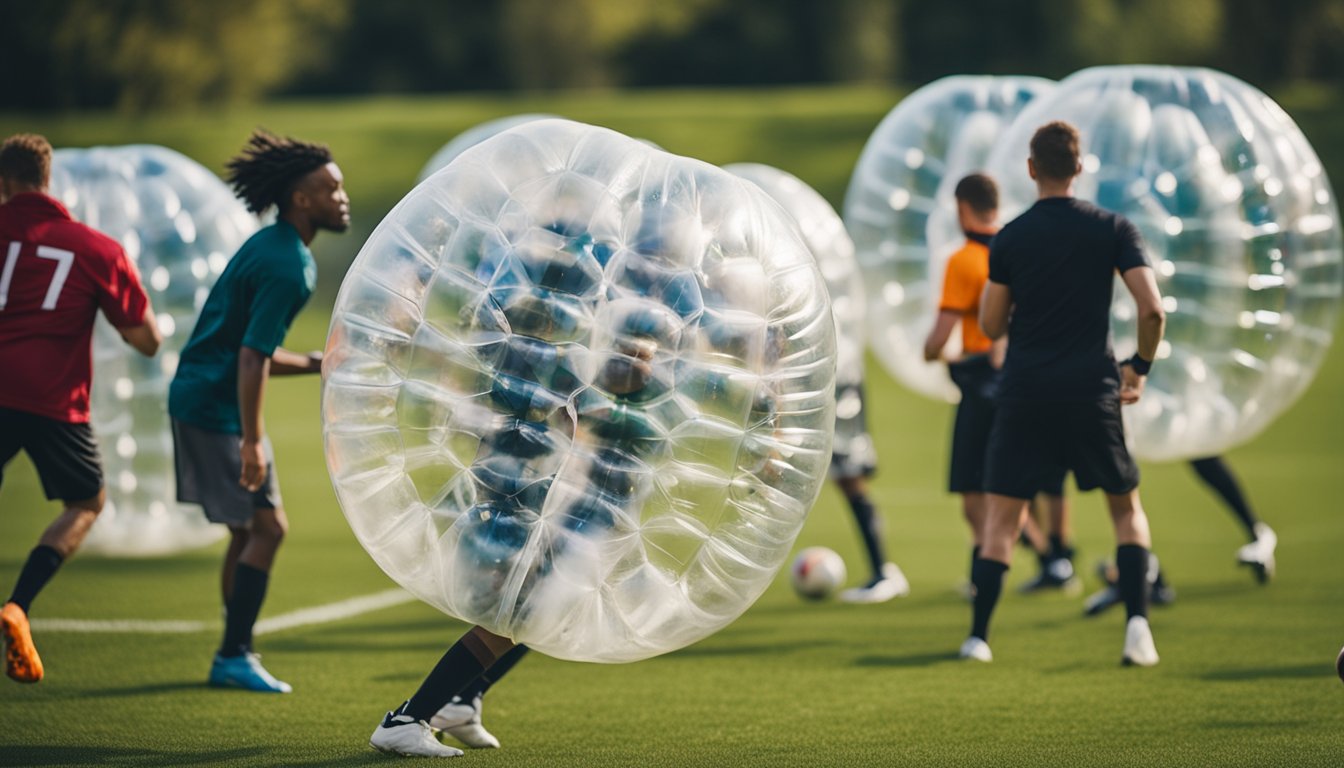 A group of bubble football players on a grassy field, with a photographer adjusting camera settings to capture the action