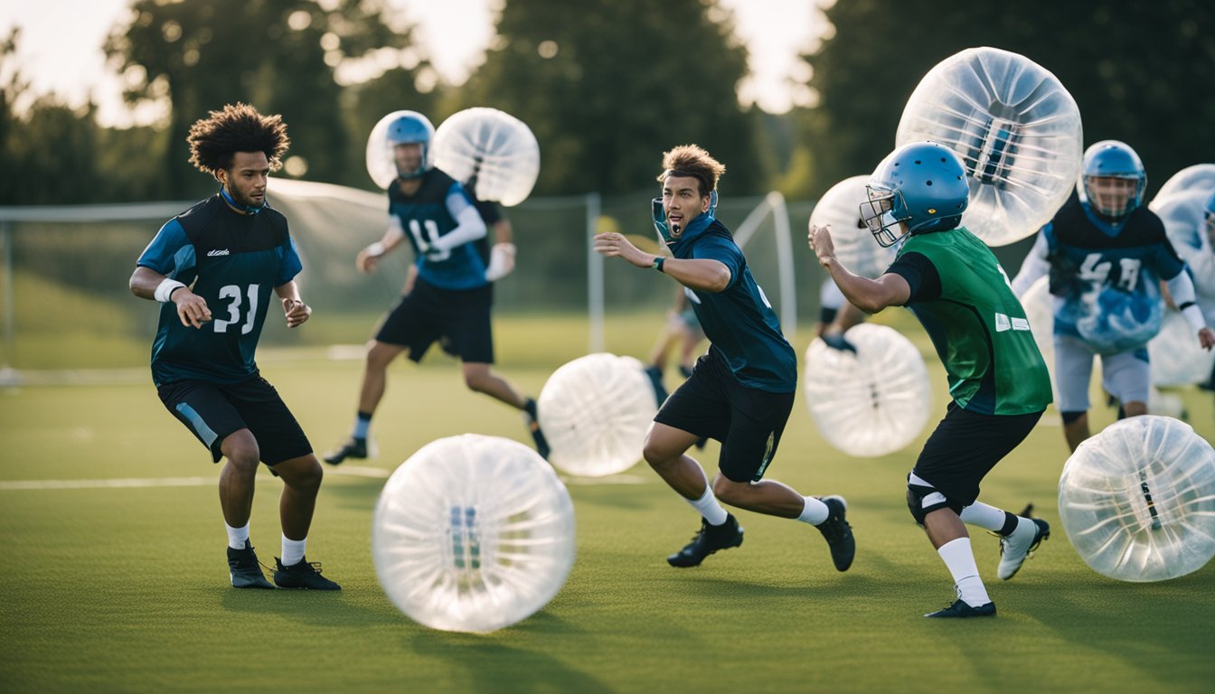 A group of players in bubble football gear colliding and bouncing off each other on a grass field, with a photographer capturing the action from the sidelines