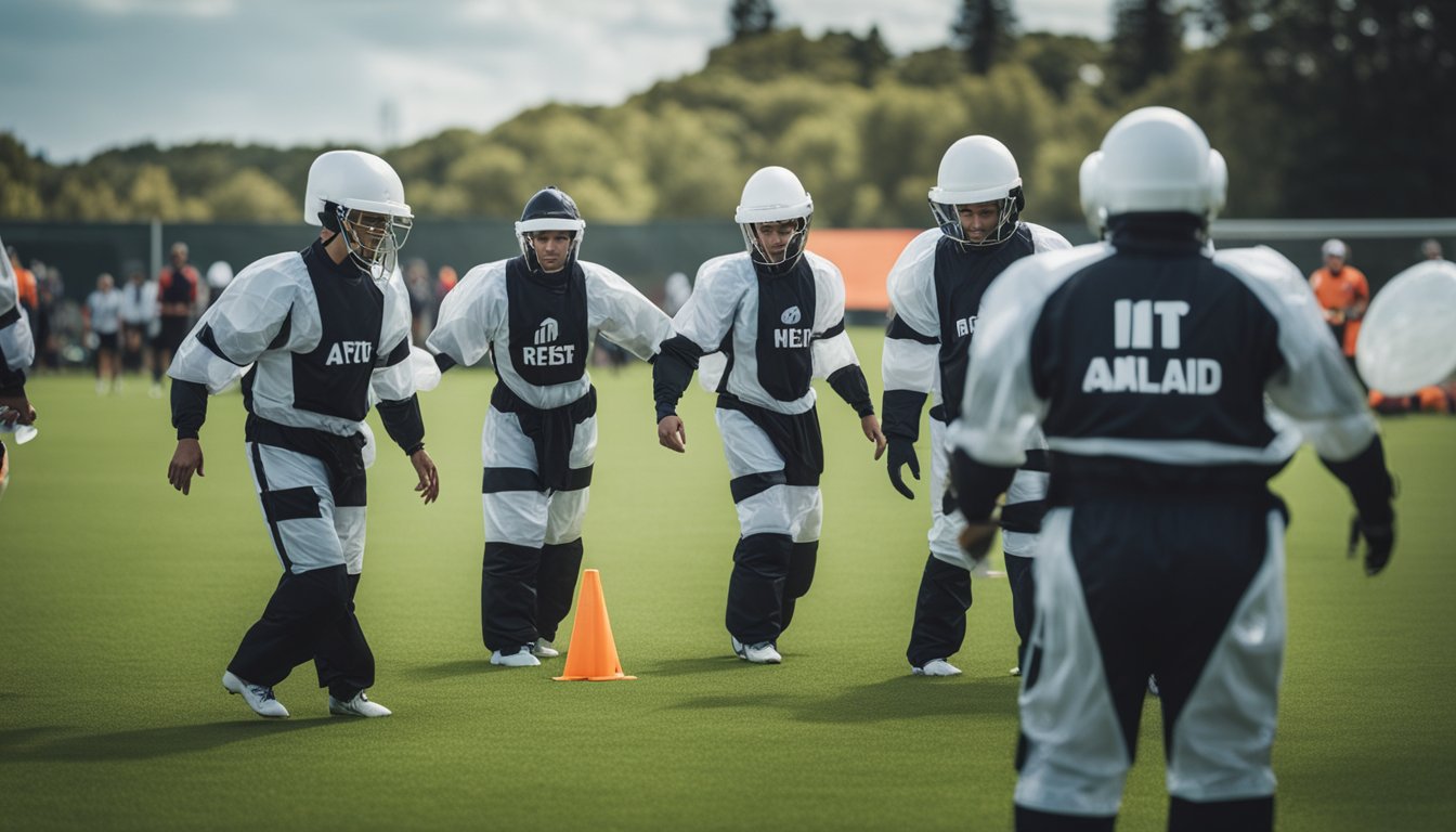 Players in bubble suits on a grass field. Referee and spectators watching. Safety cones and first aid kit nearby