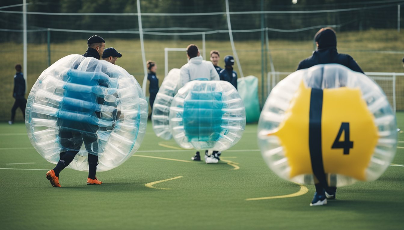 Players in bubble football gear follow health and safety guidelines on a field with marked boundaries and safety equipment