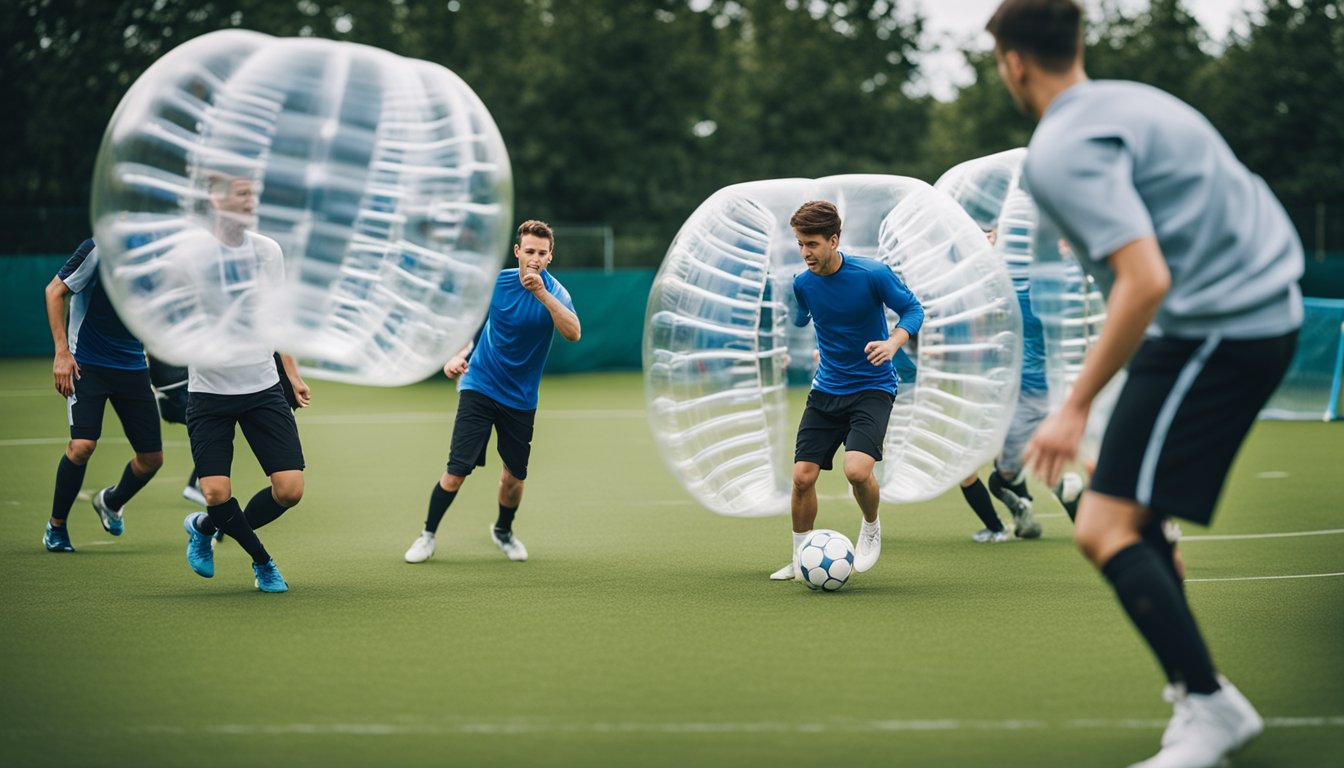 A group of people playing bubble football, following health and safety guidelines