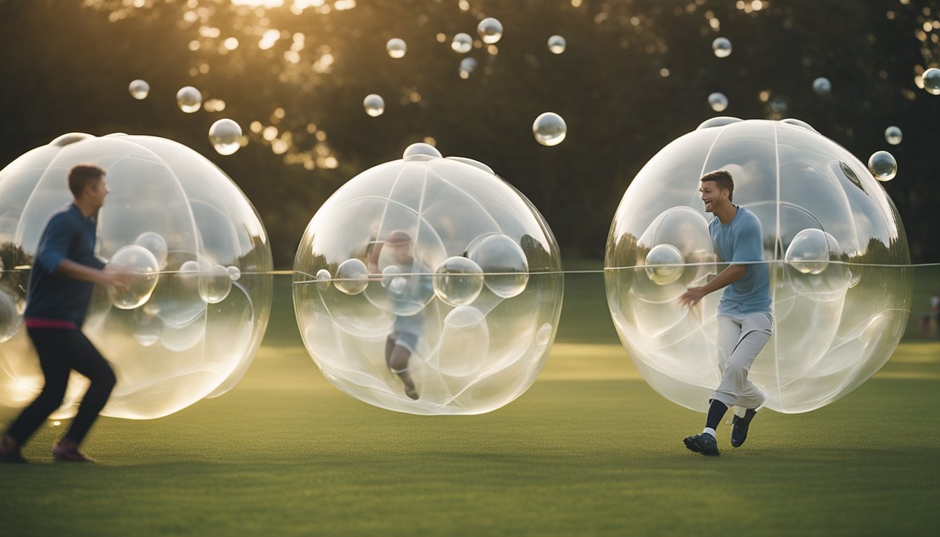 Players bumping and bouncing inside large, transparent bubbles on a grassy field. Laughter and cheers fill the air as they collide and roll around