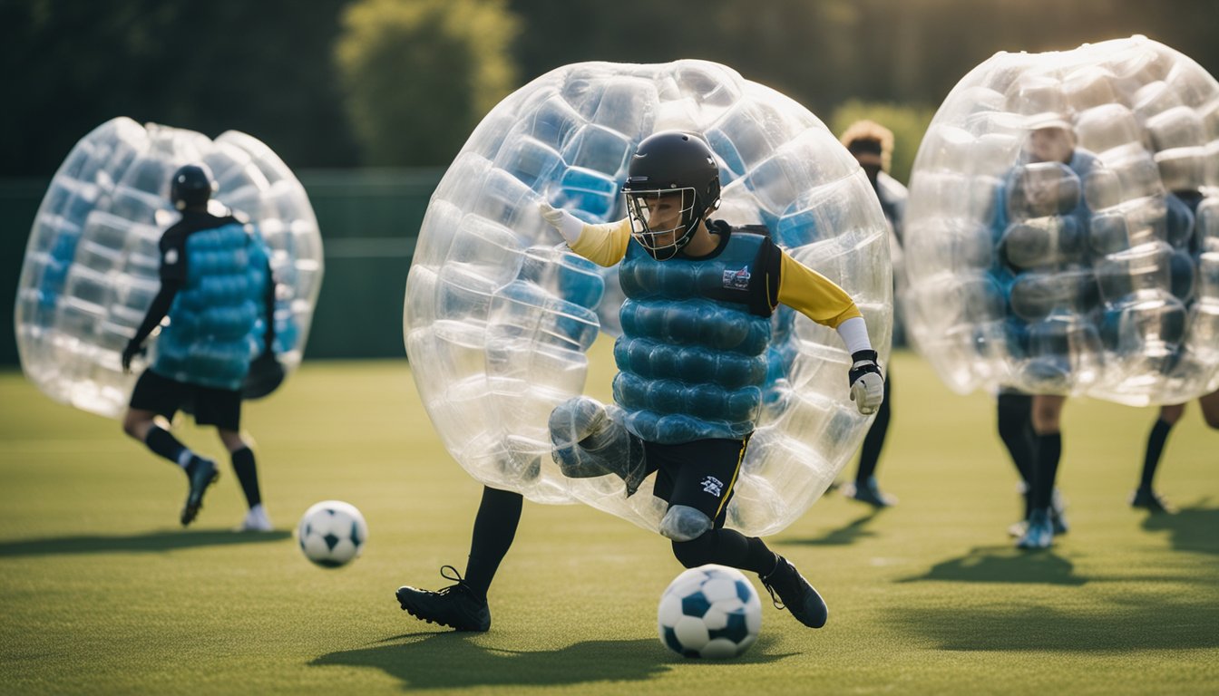 Players in bubble football gear on a field, following safety rules