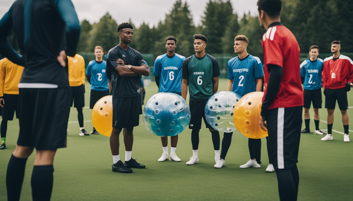 A group of players in bubble football gear gather around a coach, listening attentively as he gives tips and answers frequently asked questions