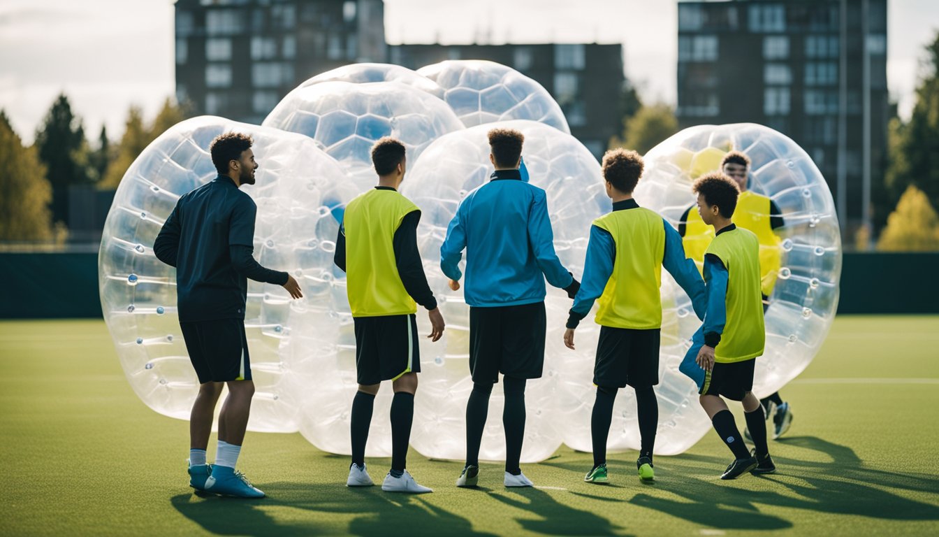 A group of players wearing bubble football suits engage in a friendly match, demonstrating good sportsmanship through teamwork and fair play