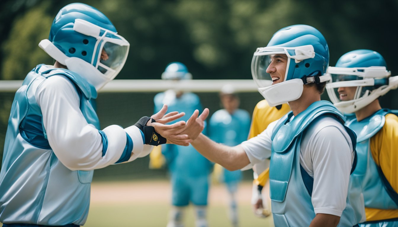 Players in bubble suits engage in friendly competition, demonstrating good sportsmanship through teamwork and fair play. The game is filled with laughter and camaraderie