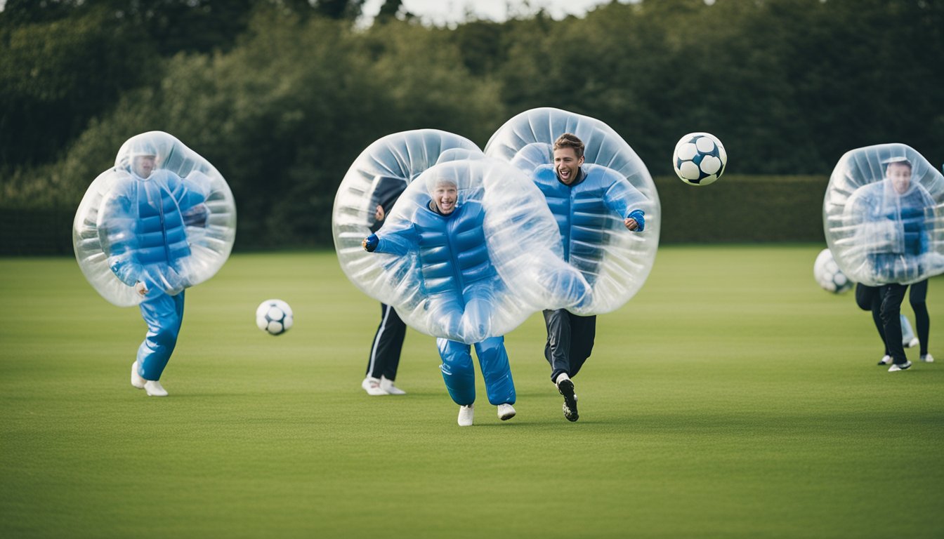 A group of people wearing inflatable bubble suits play soccer on a grass field in the UK. Laughter and excitement fill the air as they bump and bounce off each other