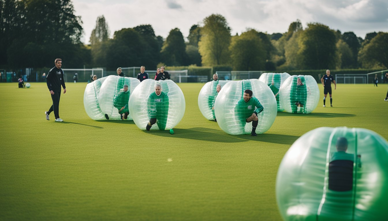 A group of players wearing bubble football suits on a green field in the UK, with a referee and spectators in the background