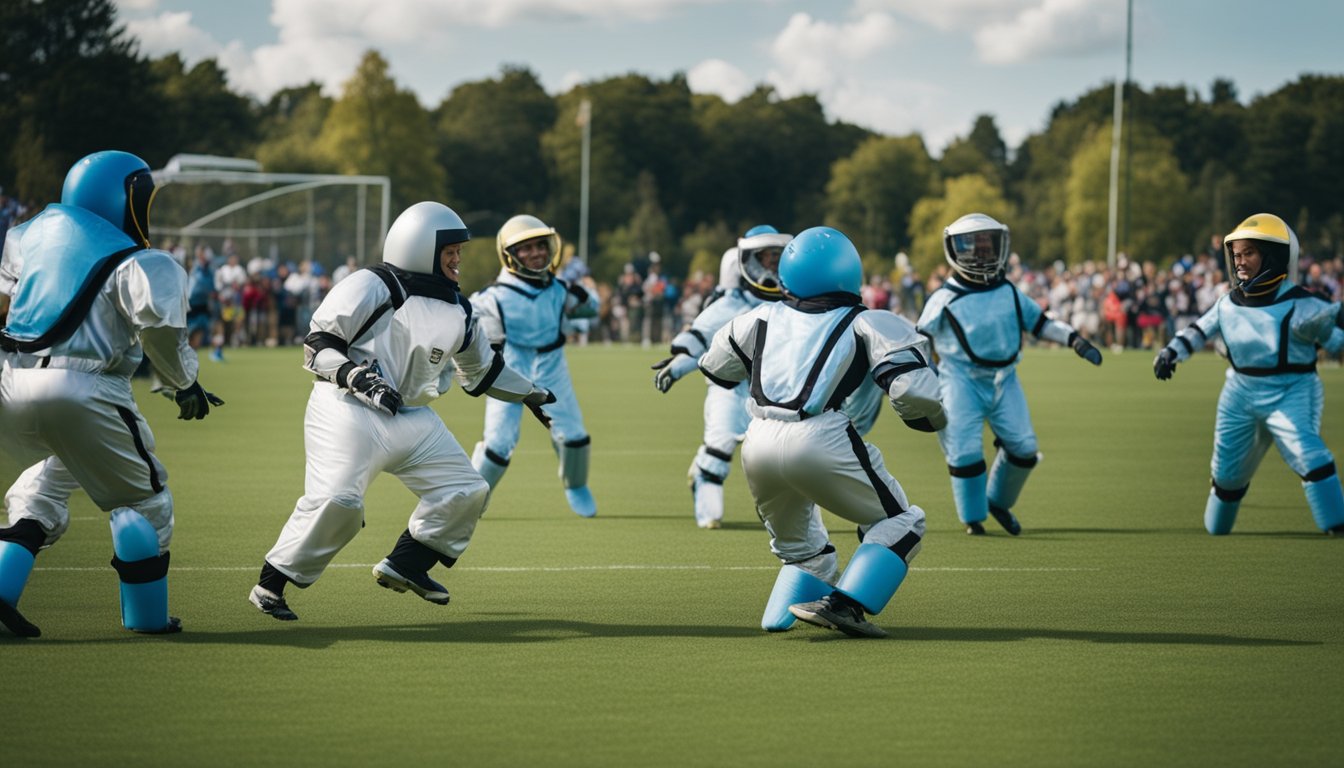 Players in bubble suits collide, bounce, and laugh on a grassy field. Spectators cheer and socialize on the sidelines, enjoying the lively atmosphere