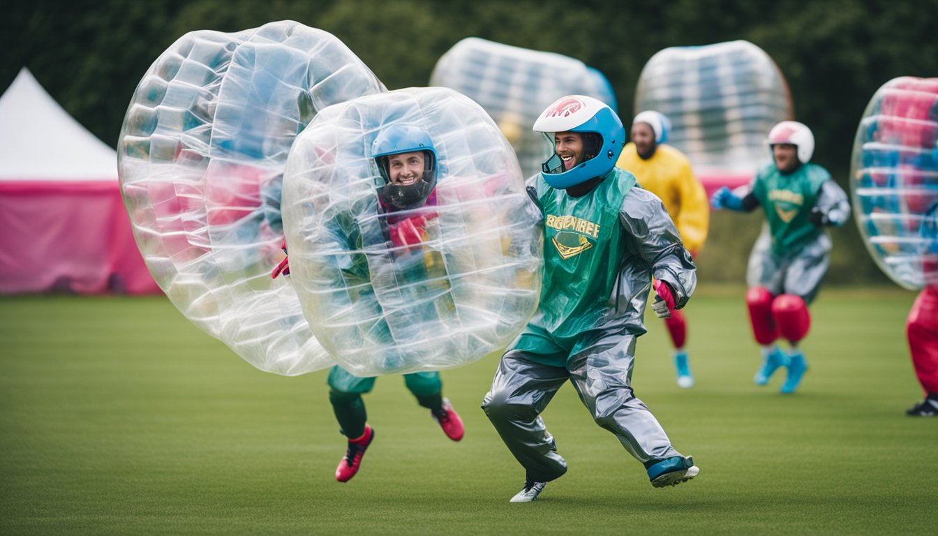 Players in bubble suits collide, bounce, and roll across a grassy field, laughing and cheering as they play bubble football