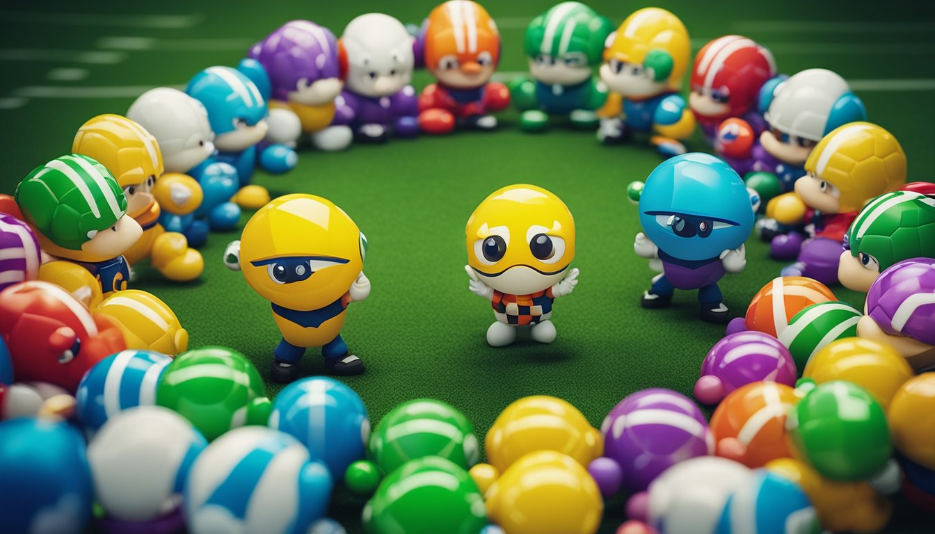 A group of colorful and energetic bubble football team mascots gathered in a huddle, brainstorming creative team names