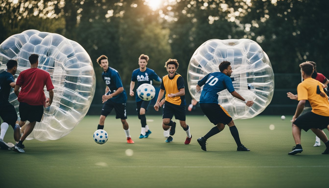 A group of people playing bubble football with team names inspired by cultural and local influences