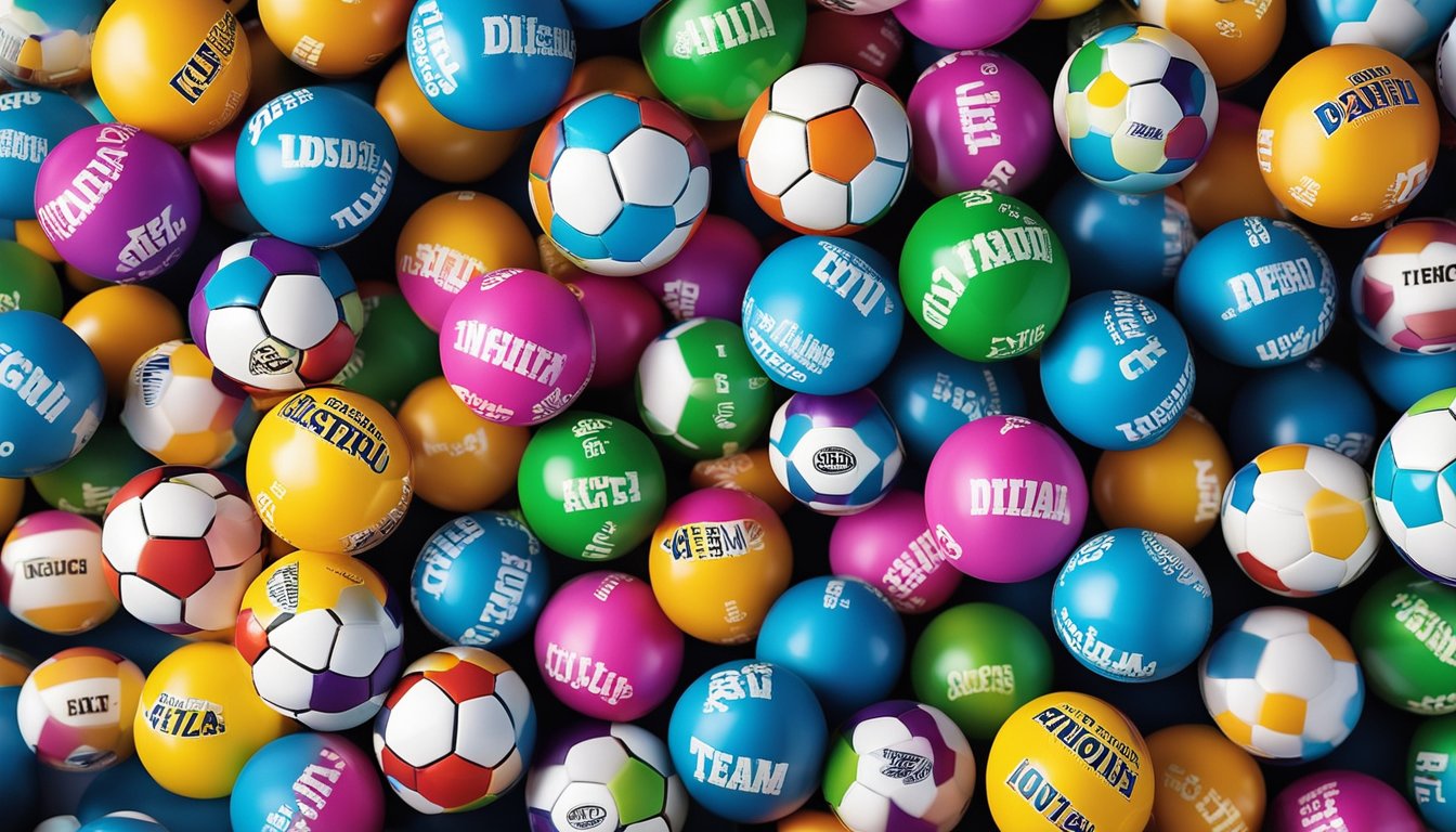 A group of colorful bubble footballs with unique team names floating in a playful and energetic manner