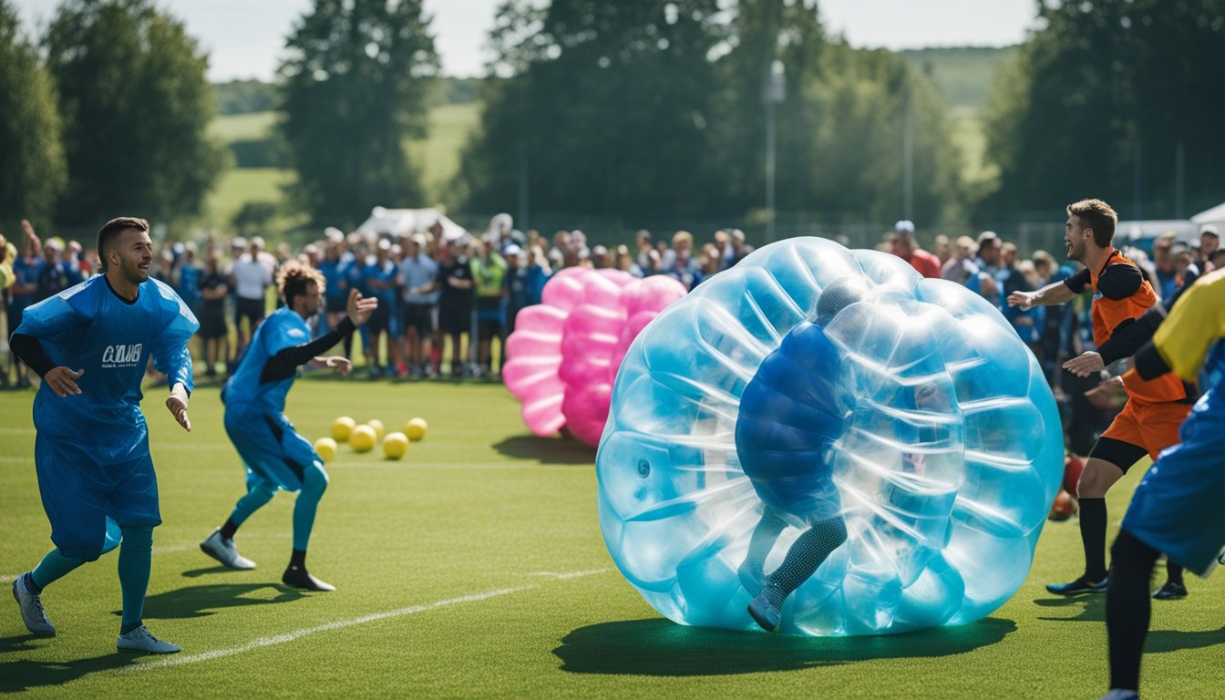 Players wearing bubble suits collide and bounce on a grassy field while spectators cheer and referees ensure safety during a bubble football event