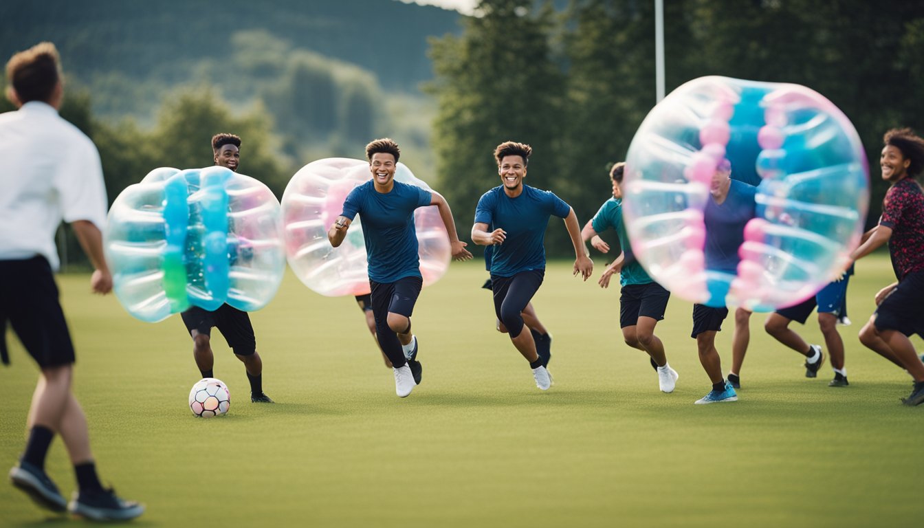 A group of people playing bubble football in a large open field, with colorful bubbles bouncing off each other as they run and collide