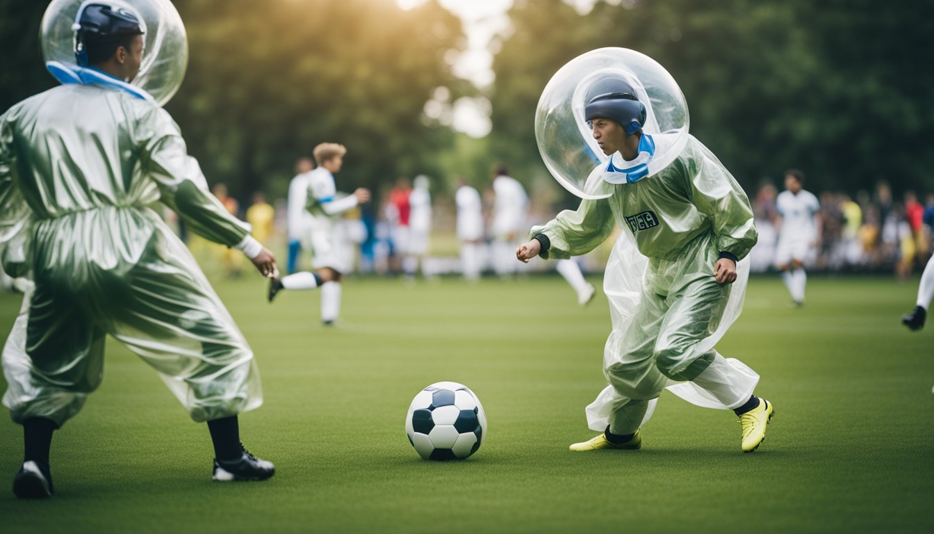 Players in bubble suits on a grass field, bumping into each other while trying to kick a soccer ball