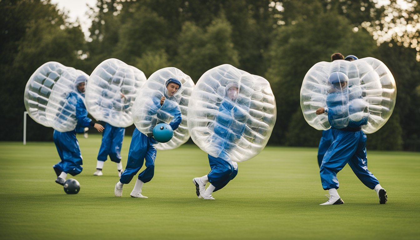 A group of players in bubble suits on a grass field, colliding and bouncing off each other while playing bubble football