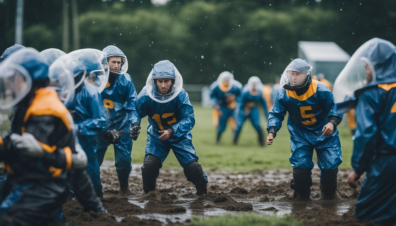 Players in bubble suits maneuvering on a wet, muddy field. Strategizing and executing gameplay essentials while adapting to the challenging weather conditions