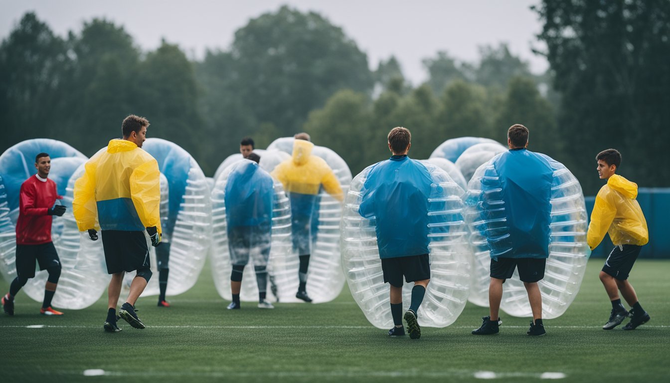 A group of players in bubble football gear play on a wet field under gray skies, with raindrops bouncing off the inflated bubbles