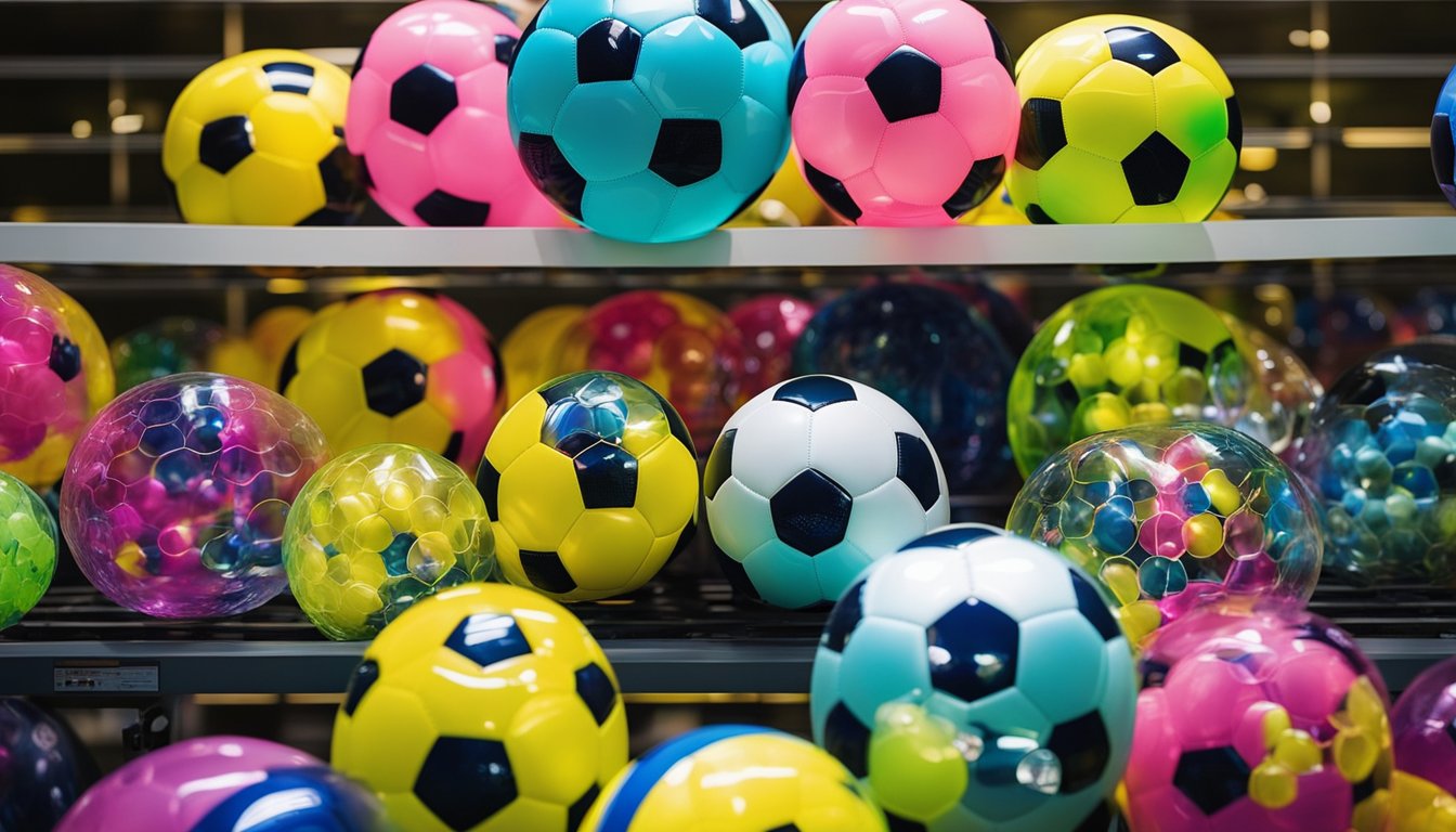 A group of colorful bubble football gear for kids arranged neatly on a display rack, including bubble suits, helmets, and soccer balls