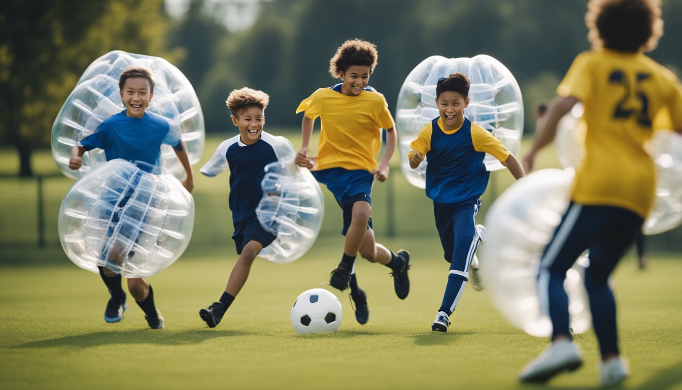 A group of kids wearing bubble football gear, running and bumping into each other on a grassy field