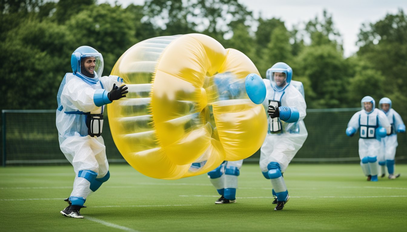 A group of players in bubble suits engage in a game of bubble football on a grassy field, bouncing and colliding as they try to score goals