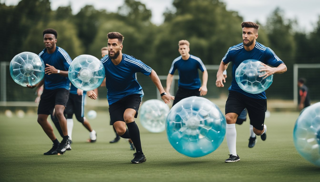 A group of athletes engage in intense bubble football drills, pushing their physical limits in a high-energy training session