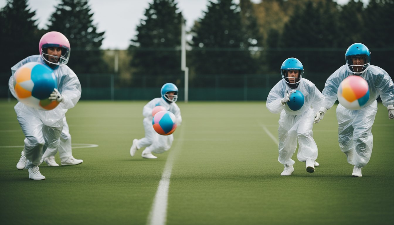 A group of people in bubble suits playing football while following a fitness routine guide