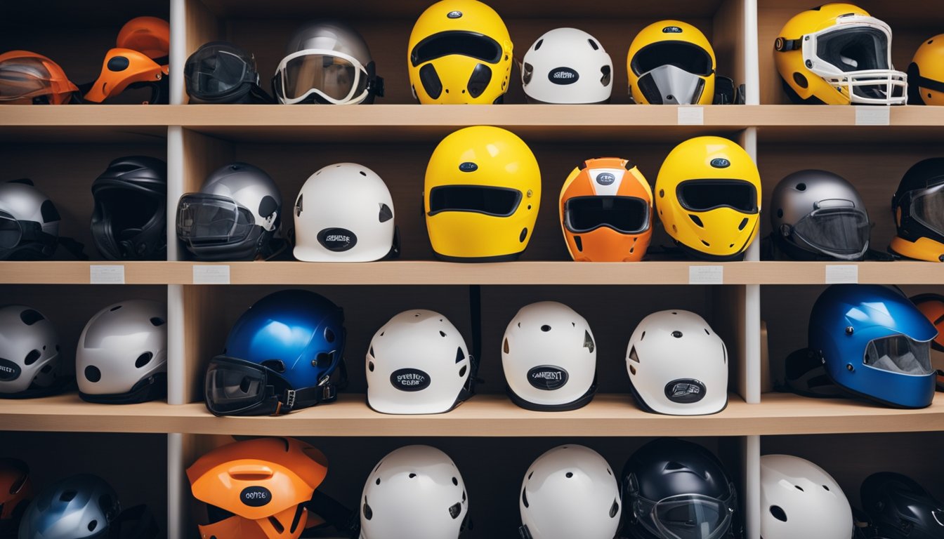 A collection of safety gear for bubble sports, including helmets, knee and elbow pads, and inflatable bubble suits, displayed on a clean, organized shelf