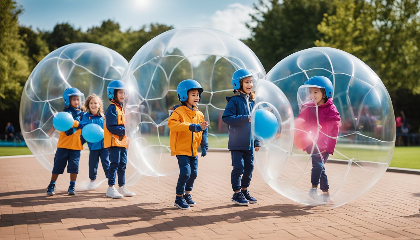 A group of children wearing protective gear play bubble sports in a spacious, well-maintained outdoor area with safety barriers and clear signage