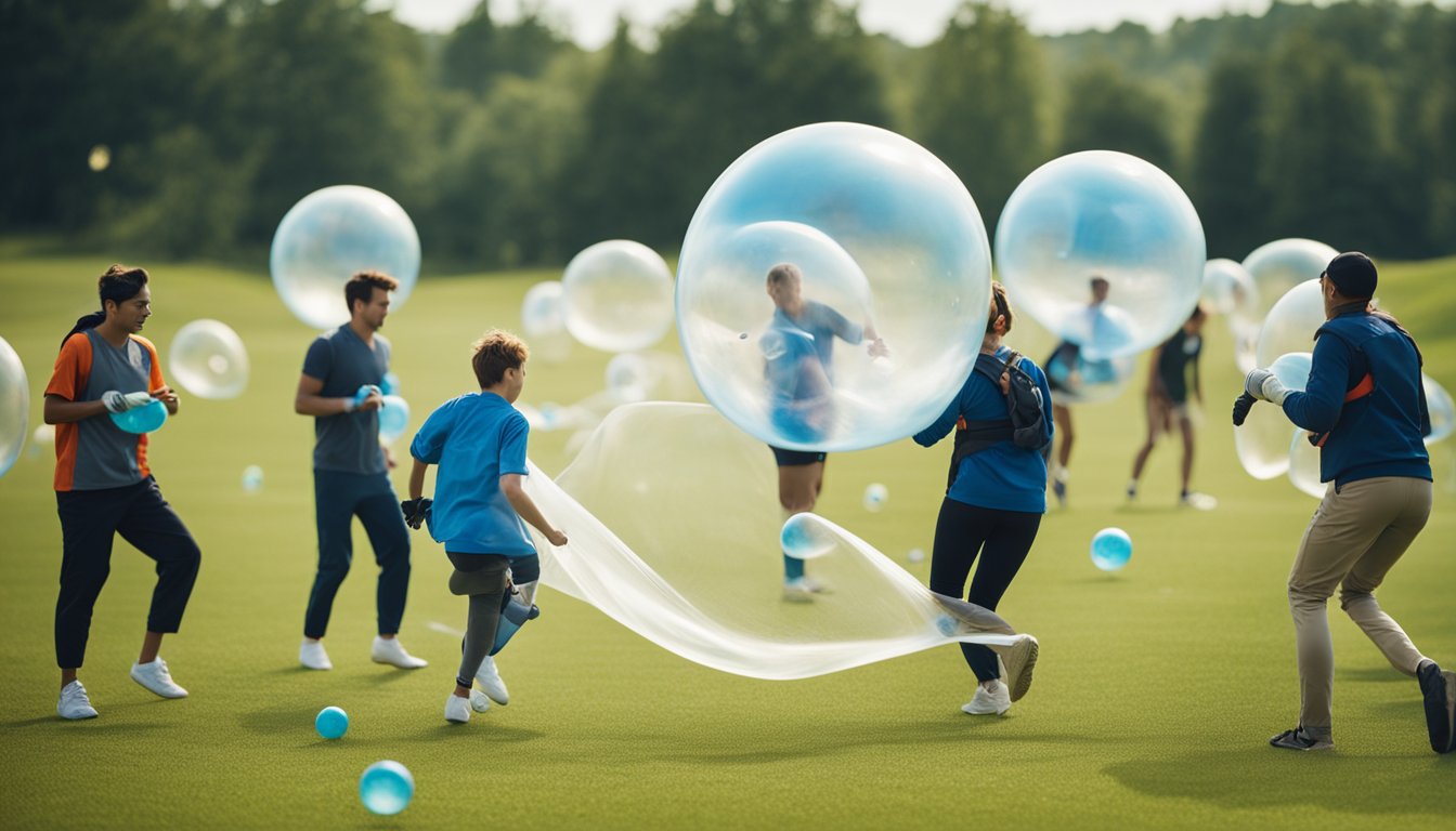 A group of people playing bubble sports in a large, open field, with safety equipment and guidelines displayed prominently