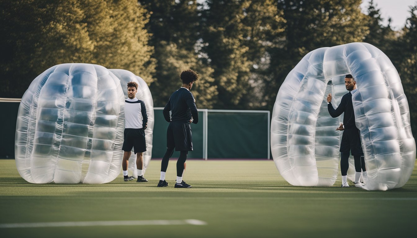 Players strategize on the bubble football field, forming defensive and offensive tactics. A beginner's guide book lays open nearby