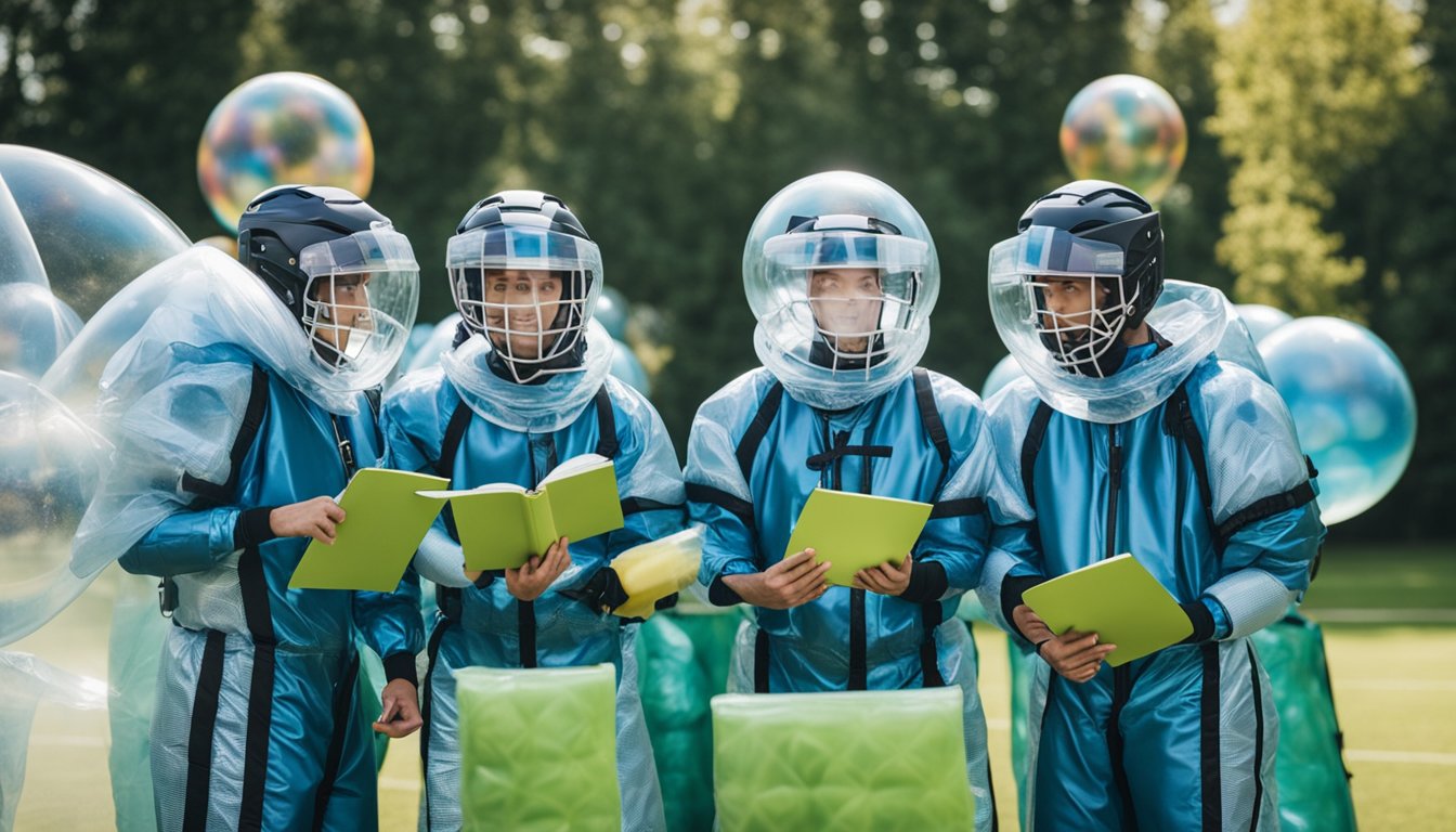 A group of players in bubble suits gather around a guidebook, pointing and discussing strategies for bubble football