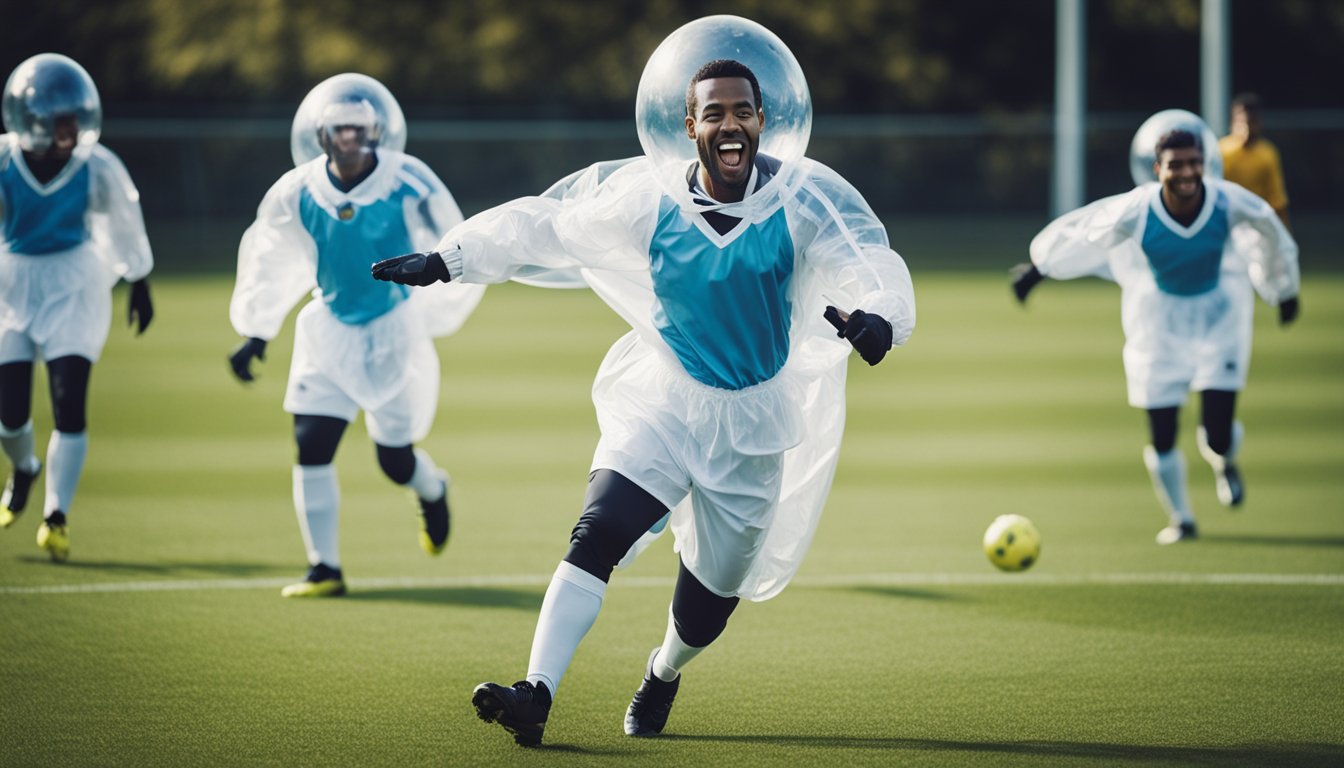 Players in bubble suits kick a soccer ball on a field, bouncing off each other. Laughter and teamwork fill the air as they bond through the fun game