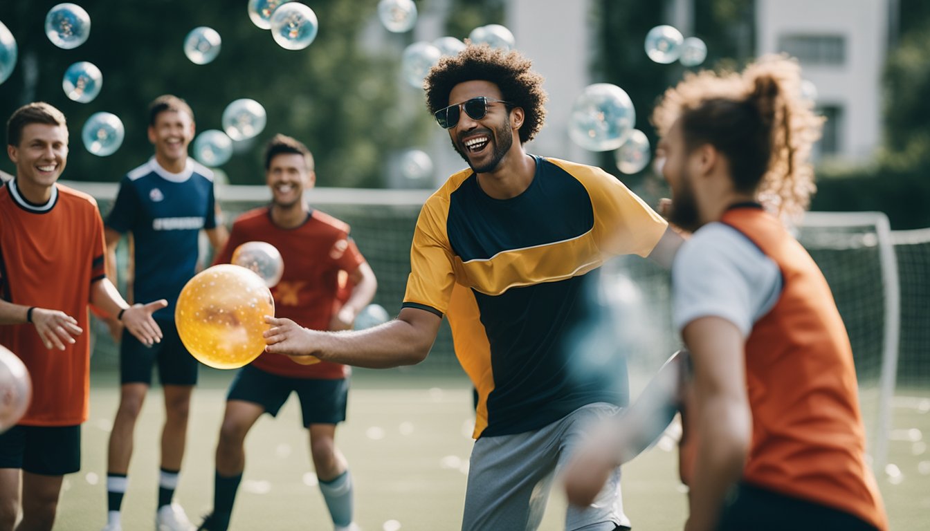 A group of people playing bubble football, bumping into each other while laughing and having fun