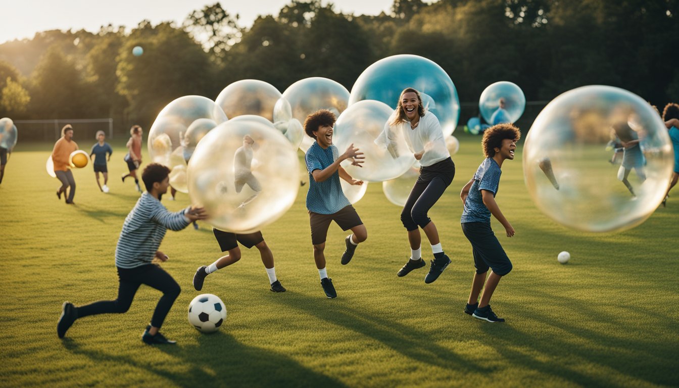 A group of people wearing inflatable bubbles play soccer in a grassy field, laughing and bumping into each other