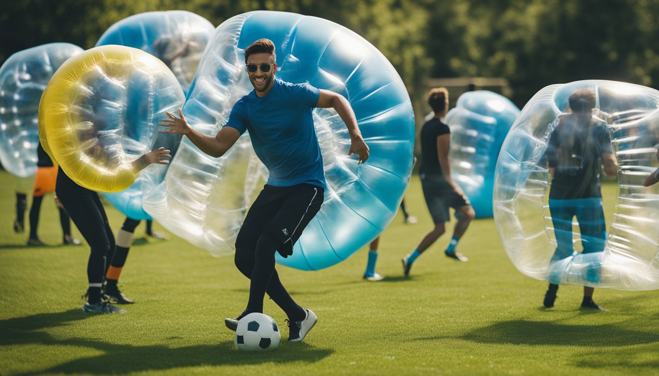 A group of people play bubble football in a grassy field, bouncing and colliding inside their inflatable bubbles, with laughter and excitement filling the air