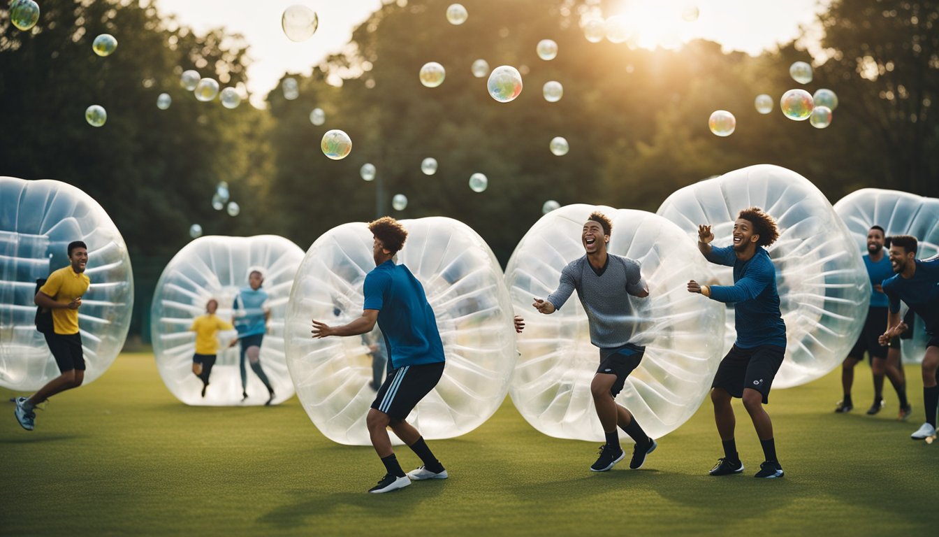 A group of people play bubble football in a park, laughing and colliding inside giant inflatable bubbles