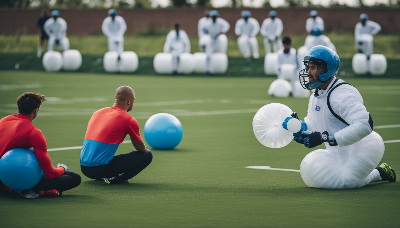 Players in bubble suits doing recovery exercises on a grass field, using foam rollers and resistance bands. A coach oversees the session